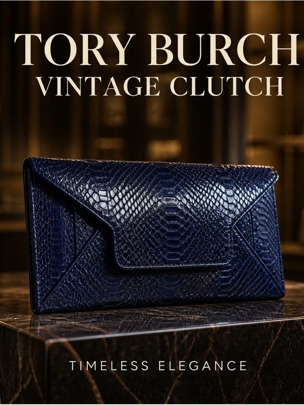 NWOT Tory Burch Navy Croc-Embossed leather Envelope Clutch
